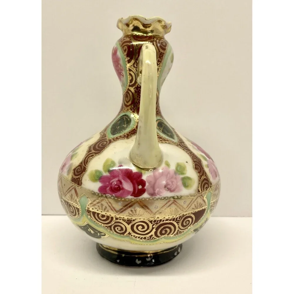 VTG Nagoya Japan Moriage Vase 7.5in Hand Painted Pink Roses Gold Double Handle